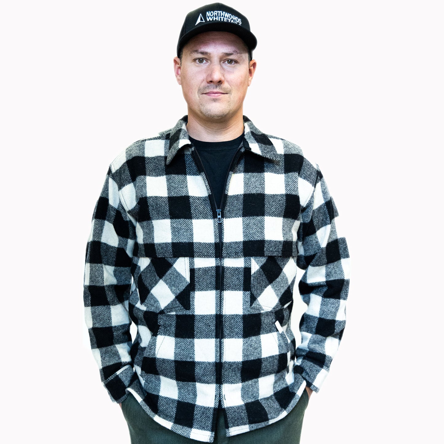 Johnson Woolen Mills northwoods x 1842 white and black buffalo check wool hunting jac shirt on model