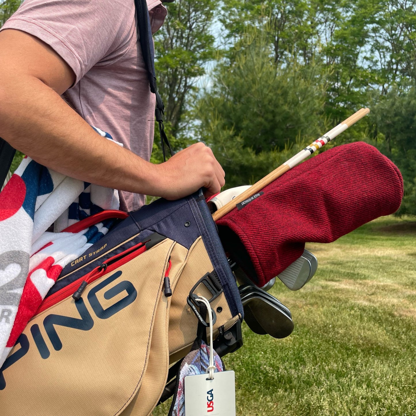 Golfer with Red twill wool driver headcover