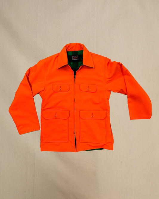 Johnson Woolen Mills blaze orange reversible jacket with green and black check interior