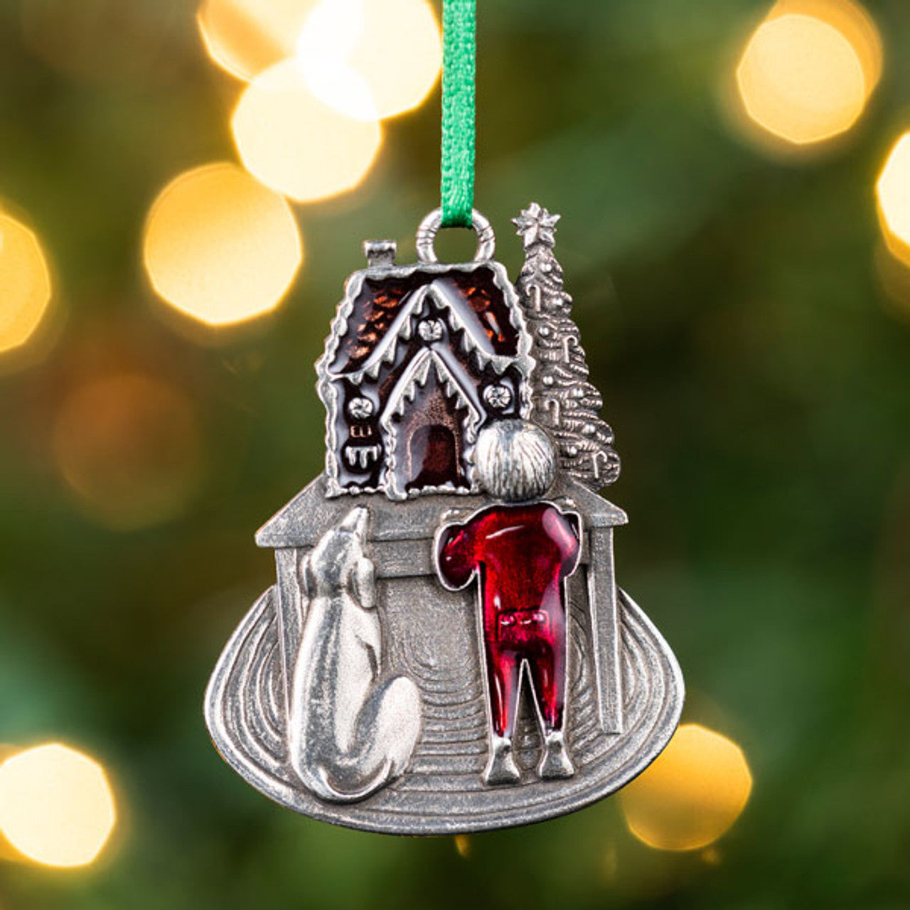 Danforth Pewter Christmas Ornament Dog and Boy making gingerbread house. Ornament hanging on christmas tree.