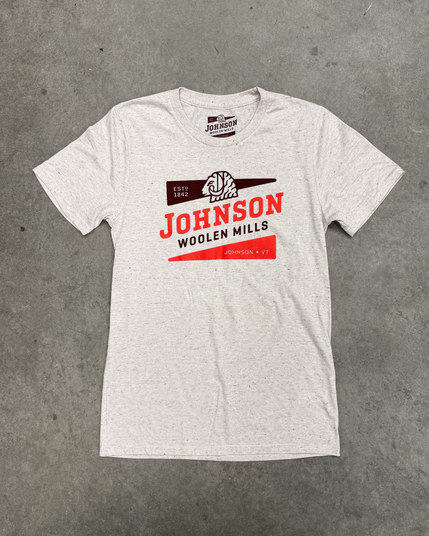 Gray t-shirt with Johnson Woollen Mills logo on a gray background