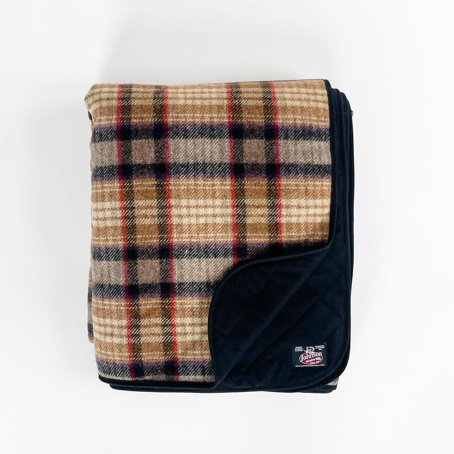 Gold, black and red plaid woolen throw with tan quilted lining