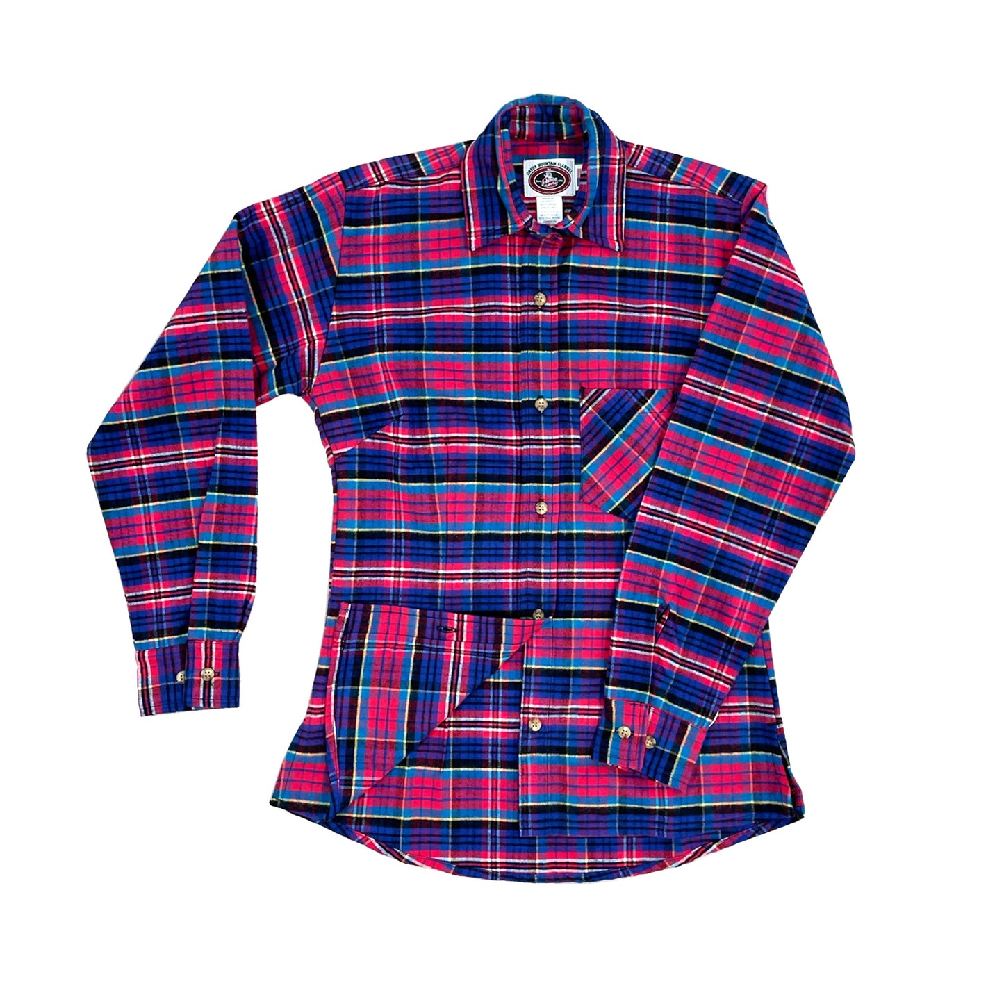 Women's flannel purple, pink, blue, white and black plaid button down shirt