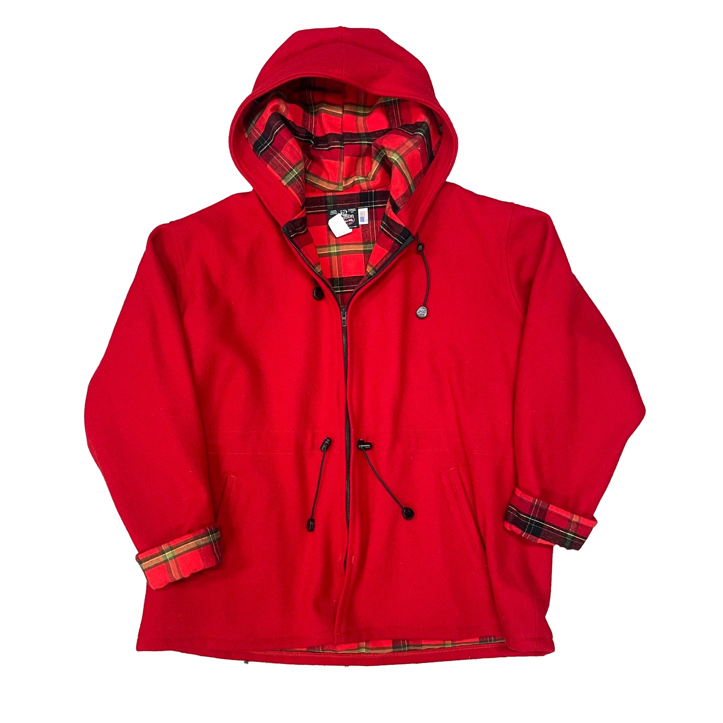 Women's Anorack Wool Jacket Flannel lined bright scarlet front view hood up