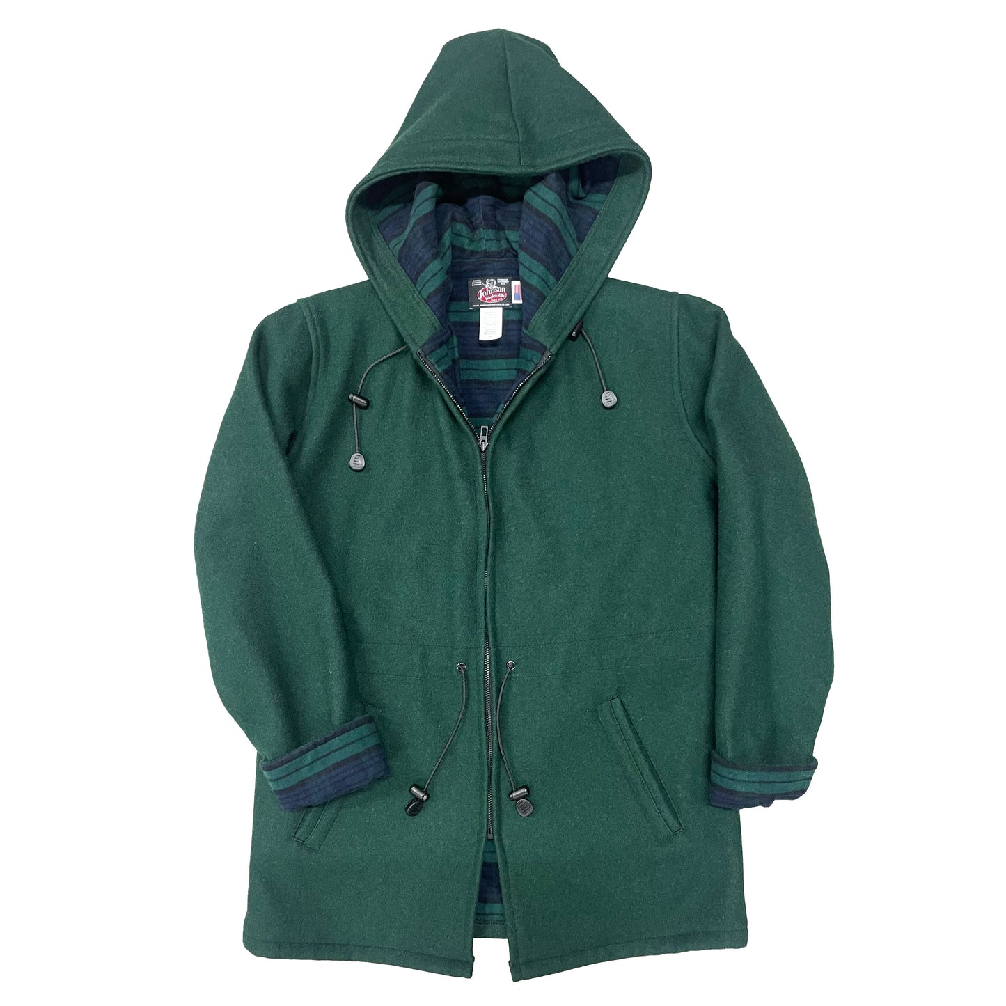 JWM Women's Anorack Jacket, Flannel lining, two pockets, lined hood with front zipper shown in Spruce Green