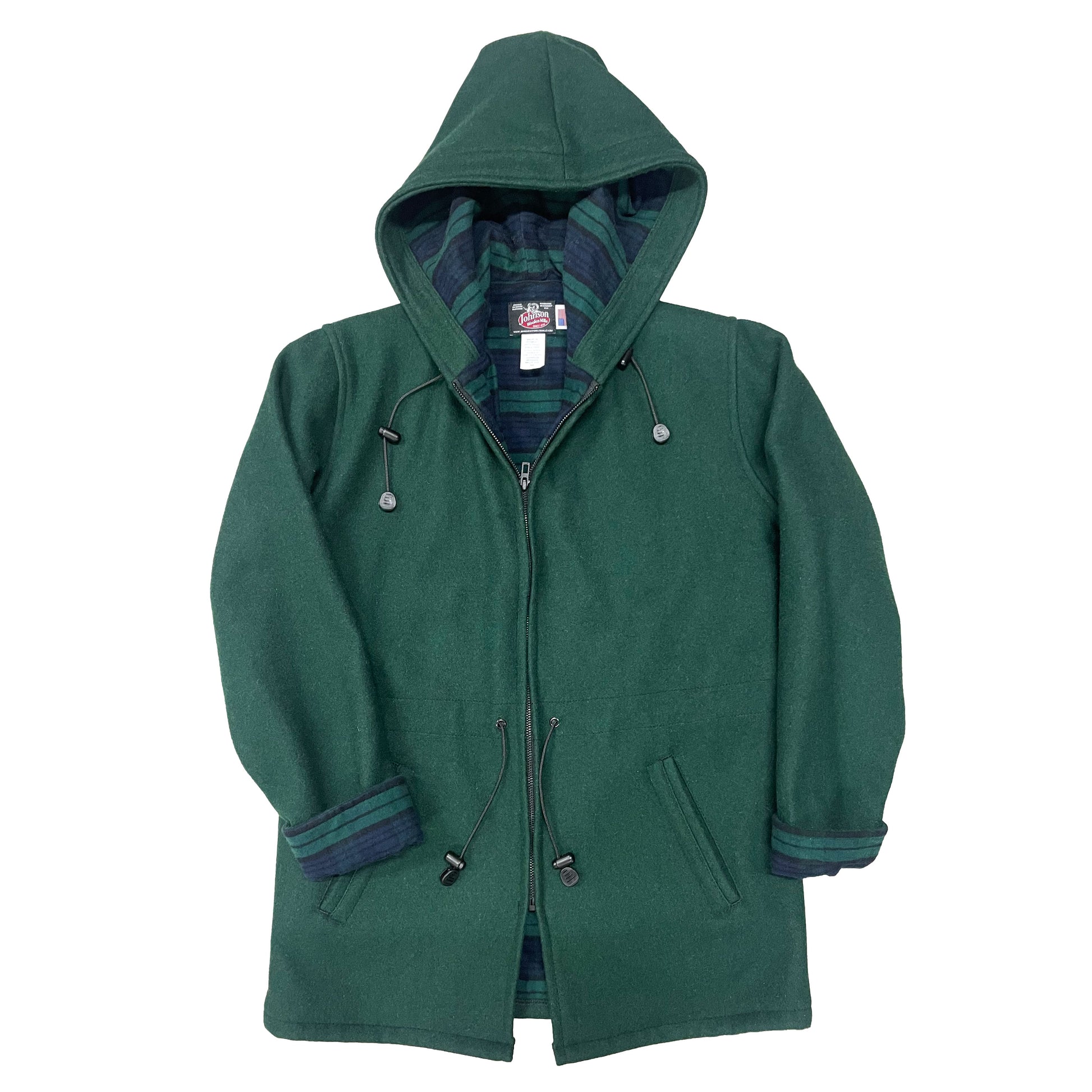 JWM Women's Anorack Jacket, Flannel lining, two pockets, lined hood with front zipper shown in Spruce Green