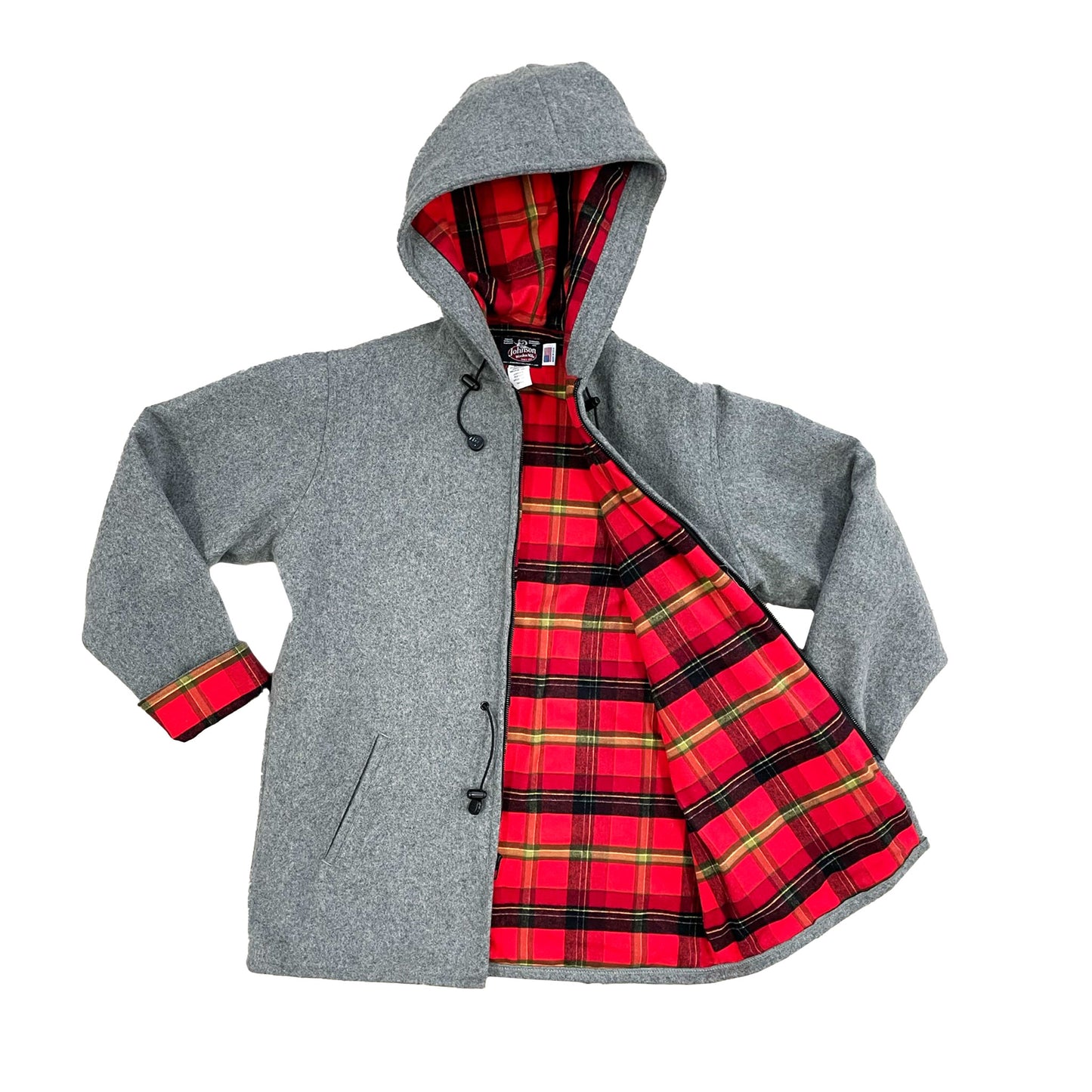 Johnson Woolen Mills Women's gray wool anorak jacket with red, gold and black plaid flannel lining