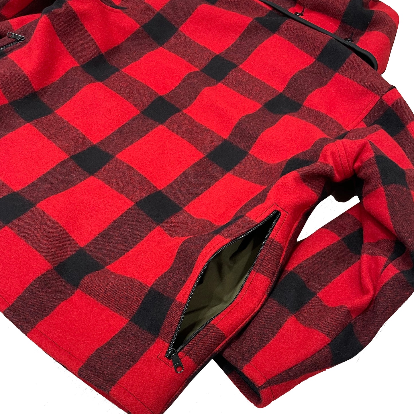 AZ 25 wool mackinaw coat back pocket detail, red and black plaid