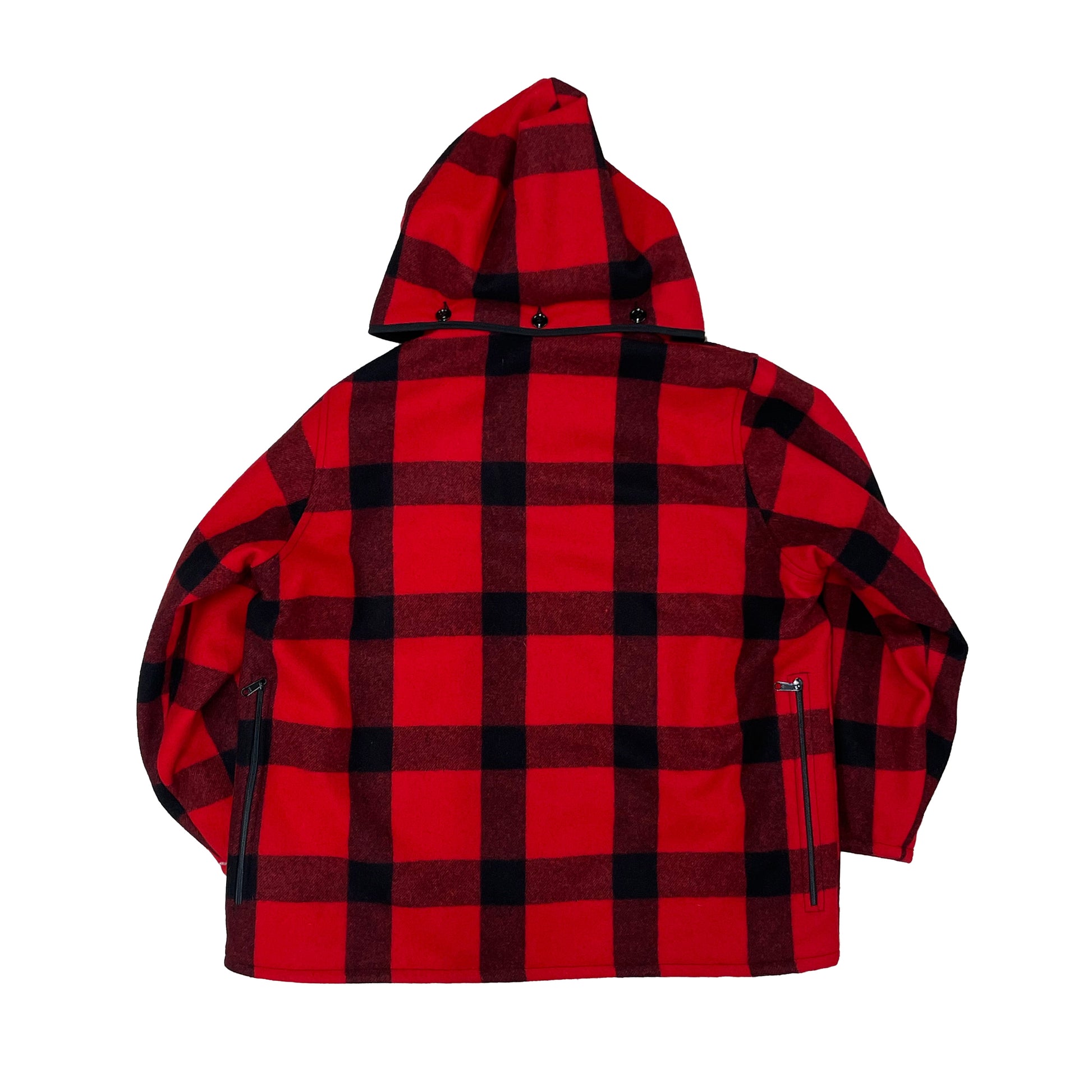 AZ 25 wool mackinaw coat with detachable hood - red and black plaid, back view