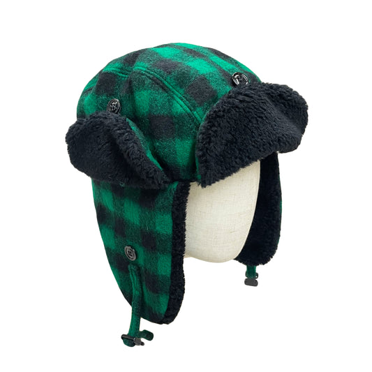 Green and black buffalo plaid wool bomber style hat with black sherpa lining around rim and visor. Side view