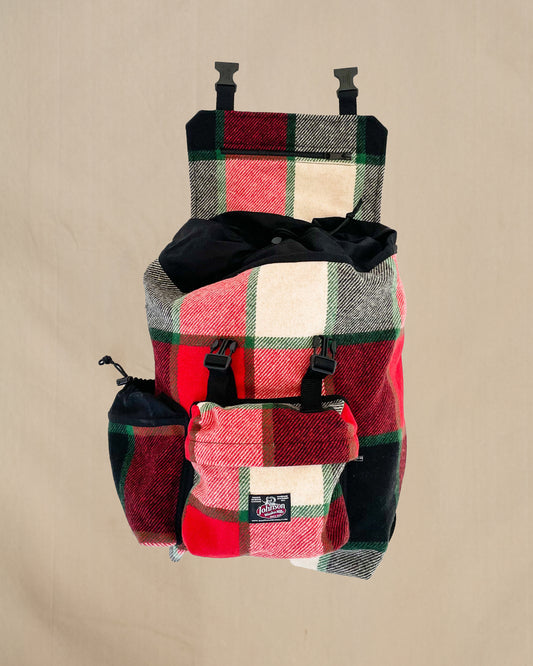 Johnson Woolen Mills Daypack Canadian Plaid Red/Pink/Green/White/ front view with water bottle in side pocket
