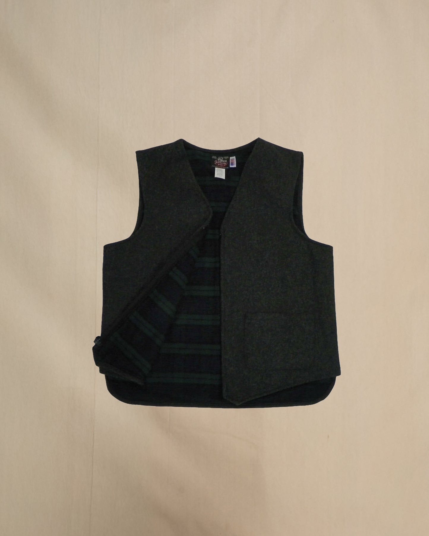 Vest Flannel lined, Gray Twill, zipper front with two front pockets, vest unzipped open view