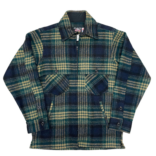 Wool jac shirt with full zipper, two chest pockets and two lower slash pockets. Shown in dark green, navy and tan plaid