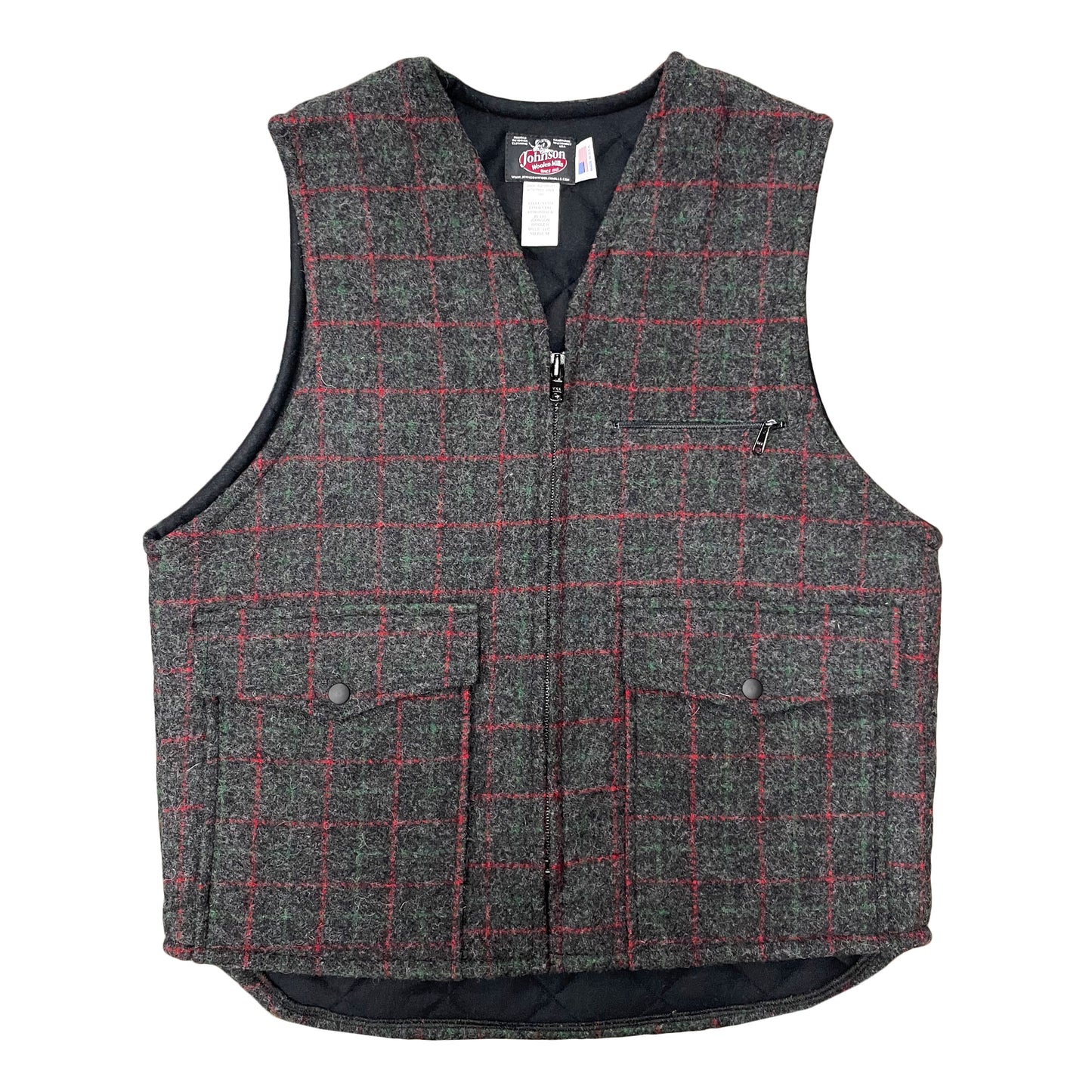 Vest with tricot lining, Adirondack, grey with red & green pin stripes, zipper front, two large pockets and chest pocket
