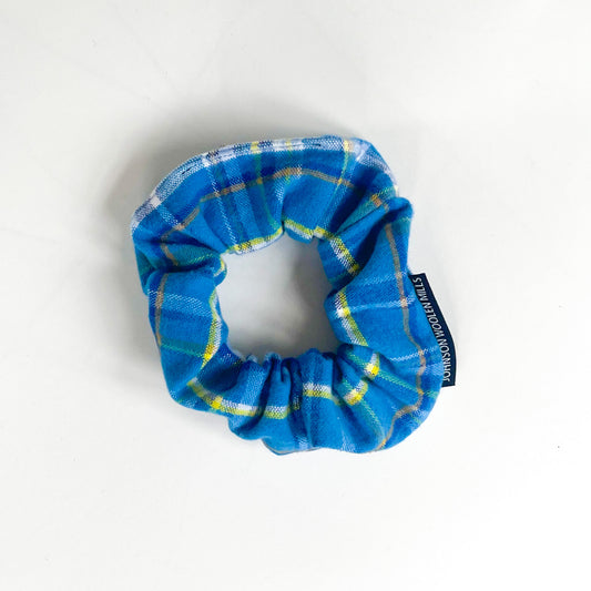 Light blue, yellow and white plaid flannel scrunchie