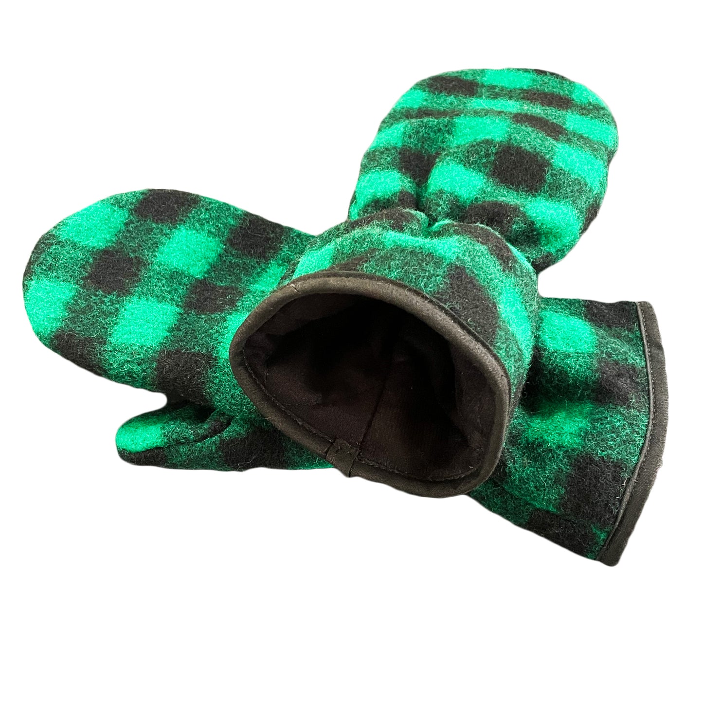 Johnson Woolen Mills green and black 1" buffalo check hunter mittens overlapped