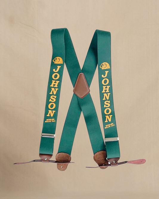 Johnson Woolen Mills green suspenders with black BUTTON clasps and JWM logo