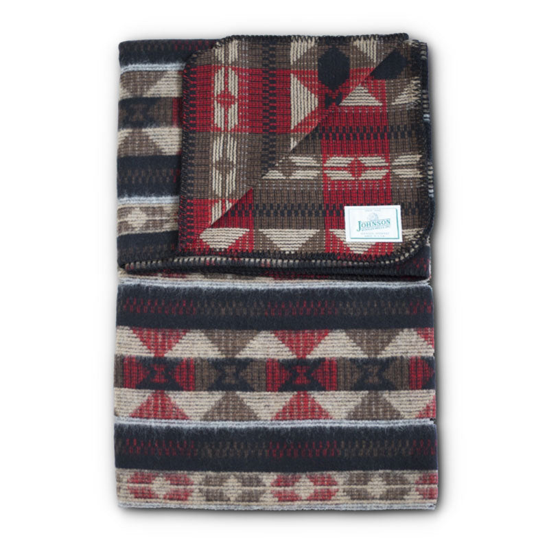 Johnson Woolen Mills Throw, Heart stone, Black/Red/Tan Print folded view