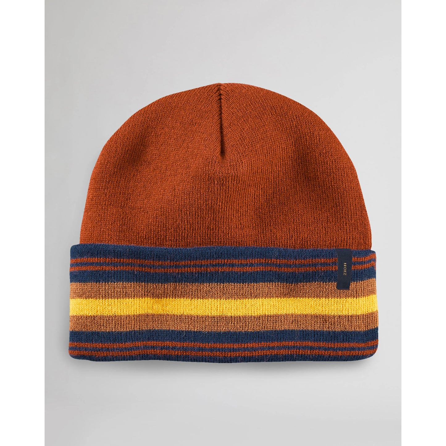 Beanie Hat, soft stretchy ribbed knit, rust with yellow/blue/rust stripes