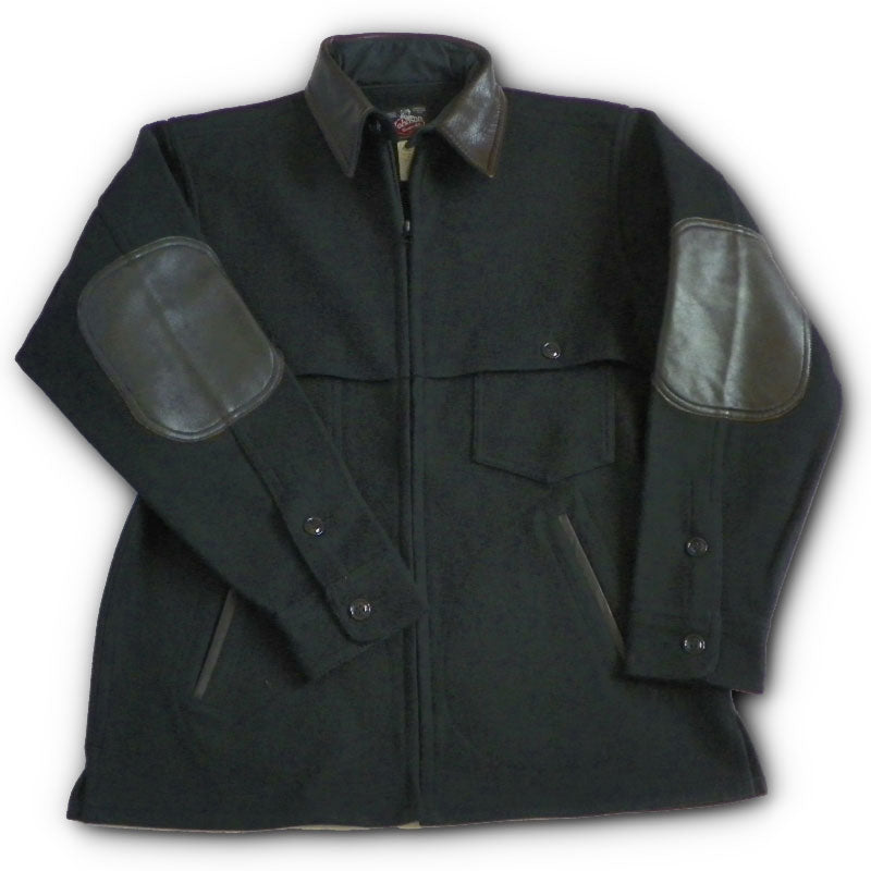 Black wool jac shirt with leather collar, elbow, and pocket detail. Front view