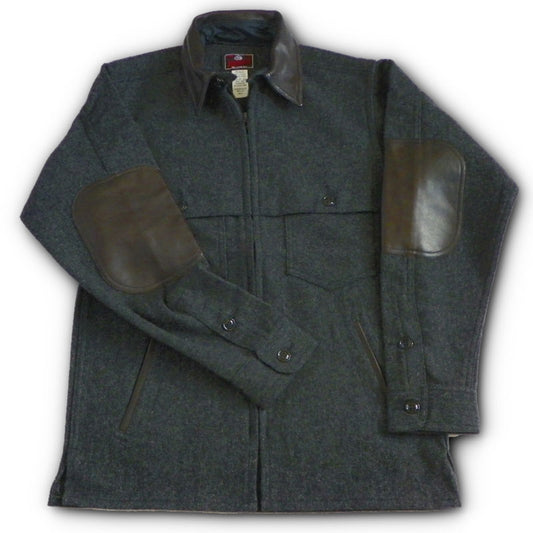 Gray Herringbone jac shirt with leather collar, elbow, and pocket detail. Front view