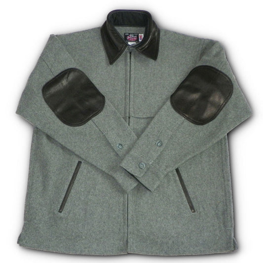 Gray wool jac shirt with leather collar, elbow, and pocket detail.  Front view