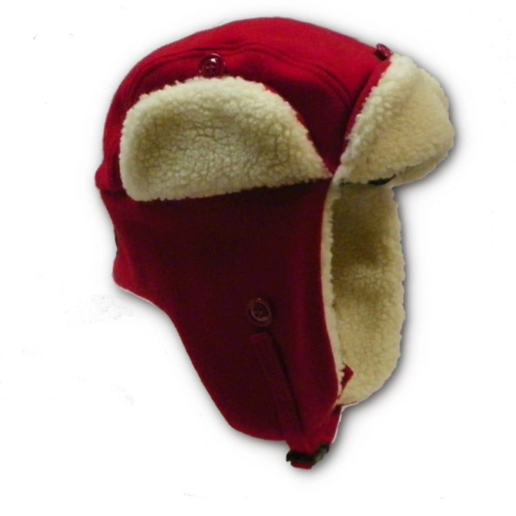 Red wool bomber style hat with sherpa fleece lining around rim and visor. Side view