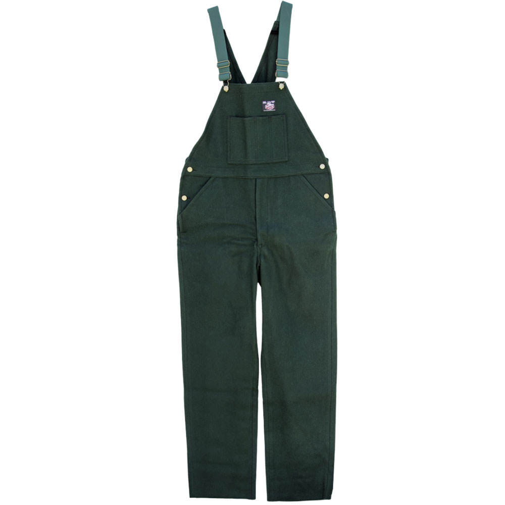 Classic Bib Wool Overall, Spruce Green, front chest pockets, two waist & back pockets, adjustable suspender straps, front view