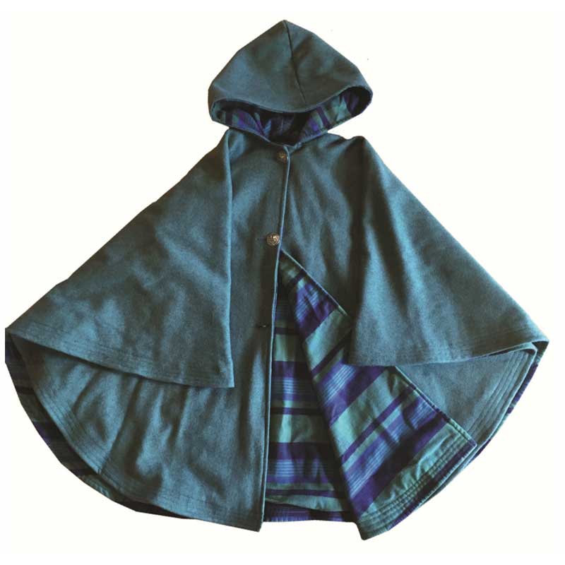 Wool cape, Frosty color, lined with royal navy & green flannel, three button front, two sleeve buttons & matching hood, opened front view