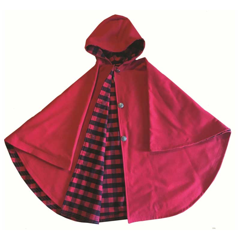 Wool cape, Scarlet, lined with buffalo check flannel, three button front, two sleeve buttons & matching hood, opened front view