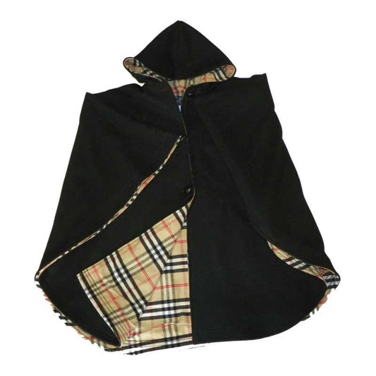 Wool cape, Black, lined with Burberry flannel, three button front, two sleeve buttons & matching hood, opened front view