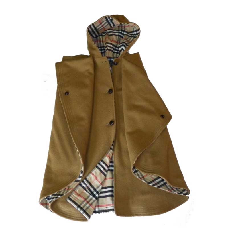 Wool cape, Camel color, lined with Burberry flannel, three button front, two sleeve buttons & matching hood, opened front view
