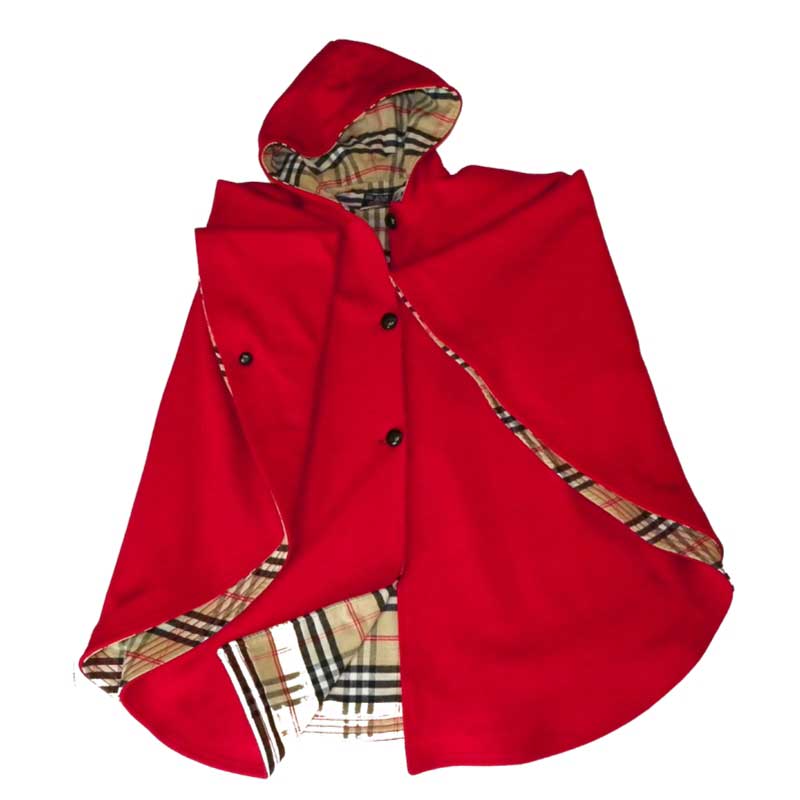 Wool cape, Scarlet Red, lined with Burberry flannel, three button front, two sleeve buttons & matching hood, opened front view