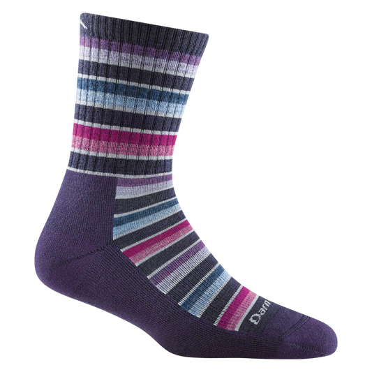 Darn tough blackberry sock with burgundy, blue, black stripes & burgundy toe and heel
