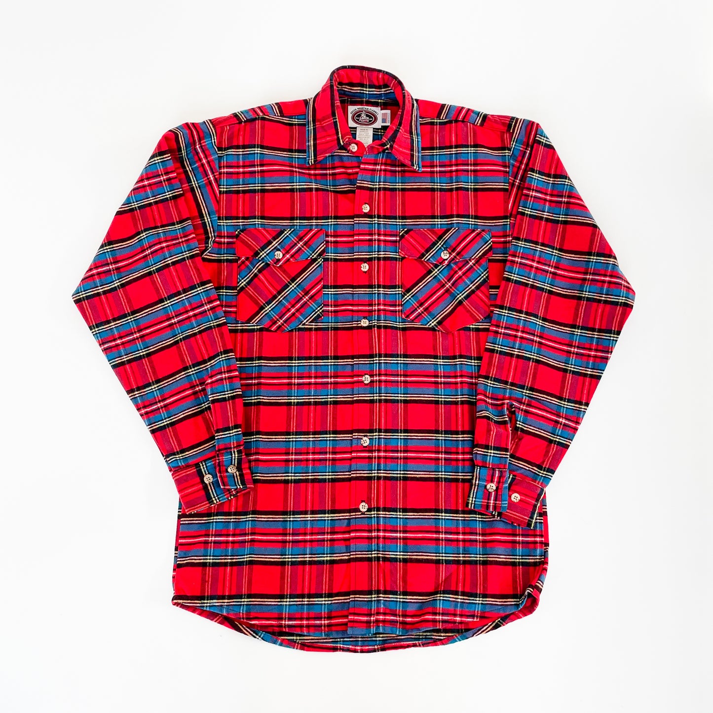 Green Mountain Flannel Men's Button long tail shirt, Red Stewart, red/pink/blue stripes front view