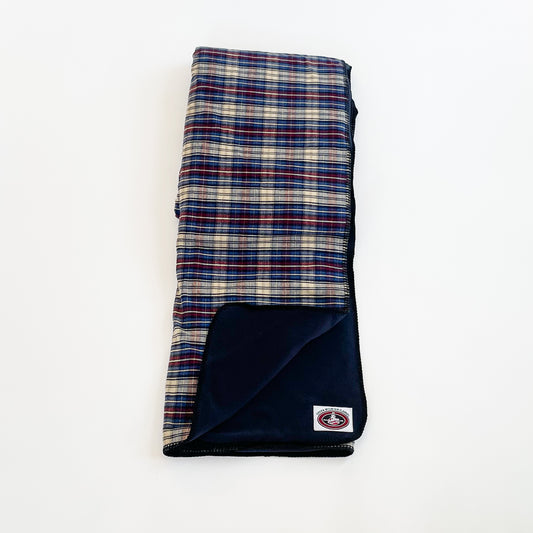 Green Mountain Flannel Throw Blue/Maroon & Tan Plaid stripes with fleece lining open corner view