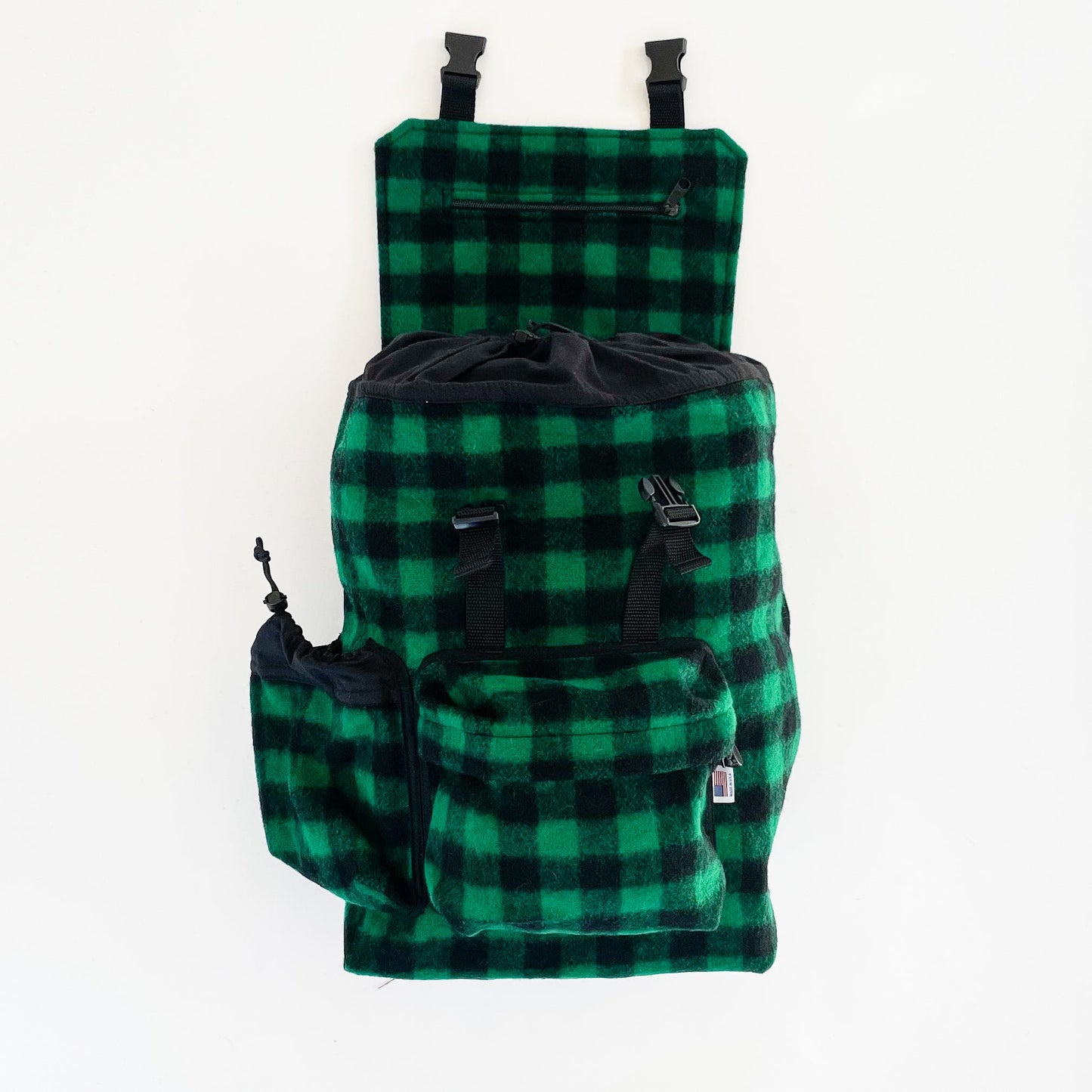 Johnson Woolen Mills Daypack Green & Black 1 inch buffalo squares back view