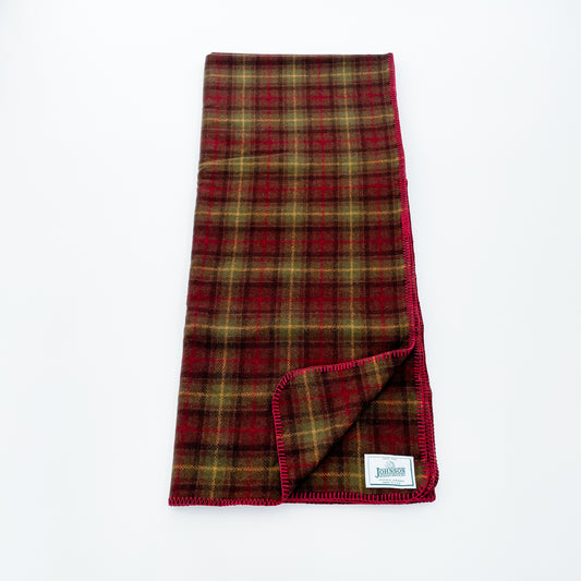 Johnson Woolen Mills throw - olive, brown, red, gold with red stitching -- full view