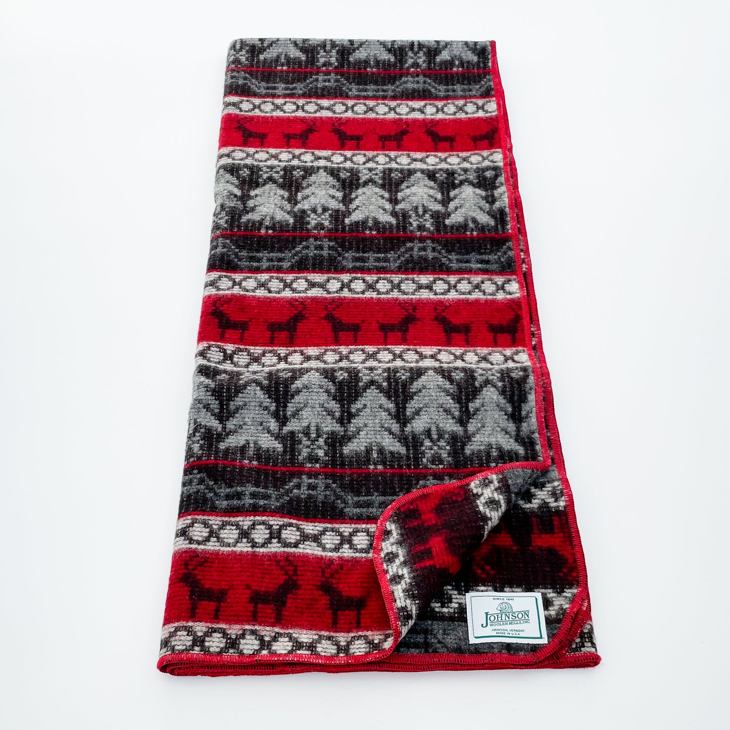 Johnson Woolen Mills Throw, Fenced Wilderness Red/Cream/Gray Print unfolded view