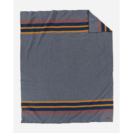 Pendleton Blanket - heathered blue with gold, navy and maroon stripes and logo