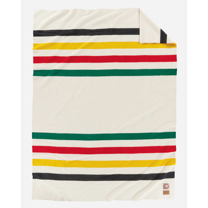 Pendleton Blanket, white background, with green/yellow/red strips full view