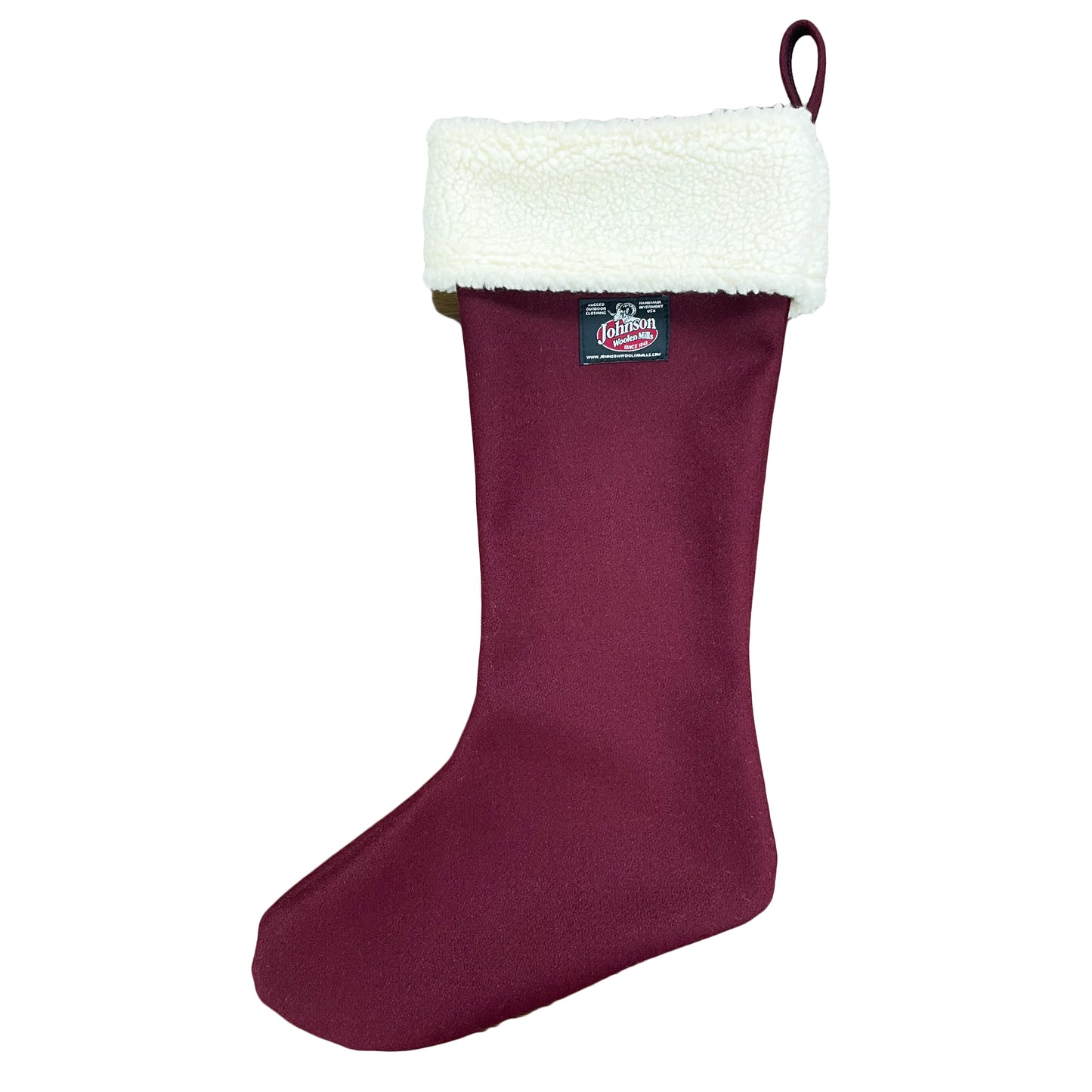 Burgundy wool stocking with white sherpa fleece cuff
