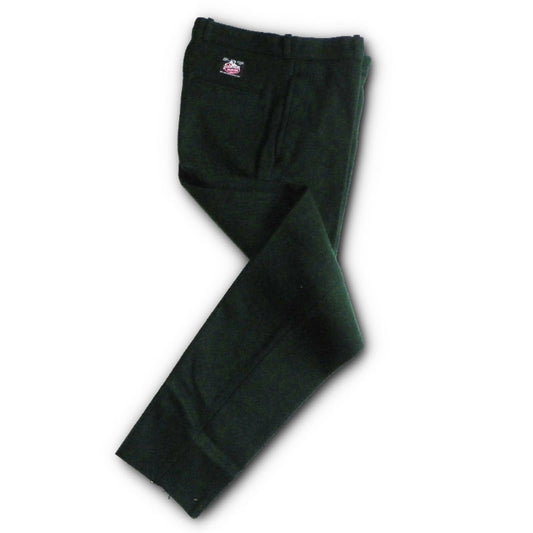 Womens Wool unlined & unhemmed, Spruce Green, fly front with zipper & belt loops, two front & back pockets, side view