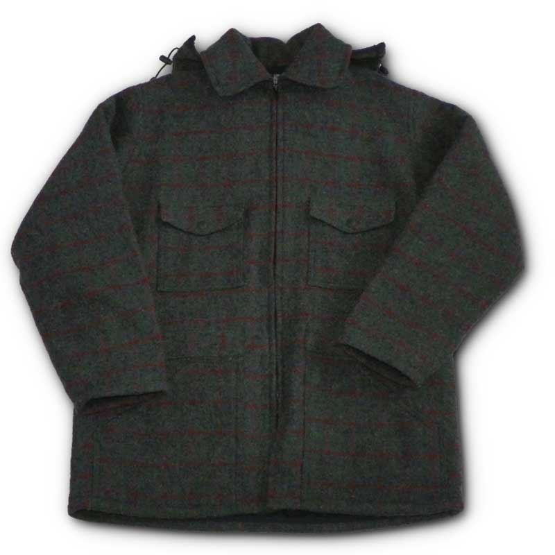 Johnson Woolen Mills Men's Lined Wool Jacket with detachable hood - grey with green and red plaid
