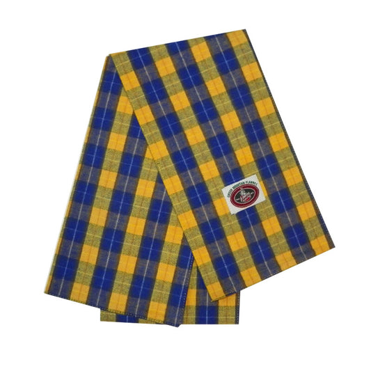 Green Mountain Flannel yellow, blue and white scarf with logo