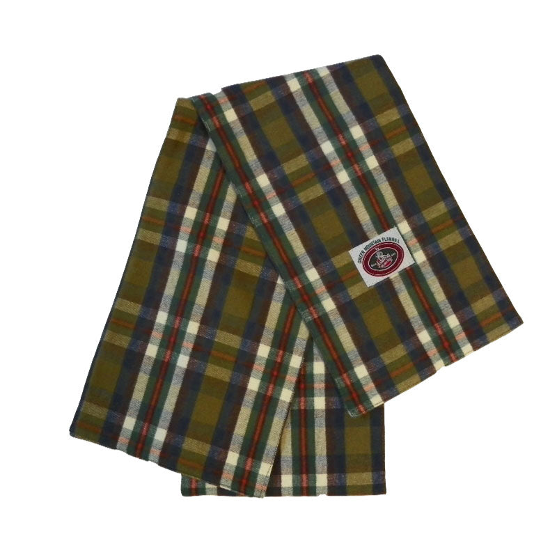 Green Mountain Flannel Olive Green, blue, red and white scarf with logo