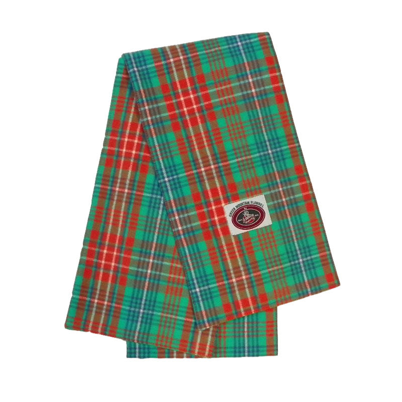 Green Mountain Flannel orange, green, blue and white scarf with logo
