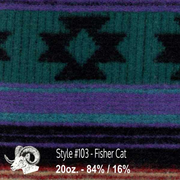 Johnson Woolen Mills swatch - teal, purple, black (fisher cat) print