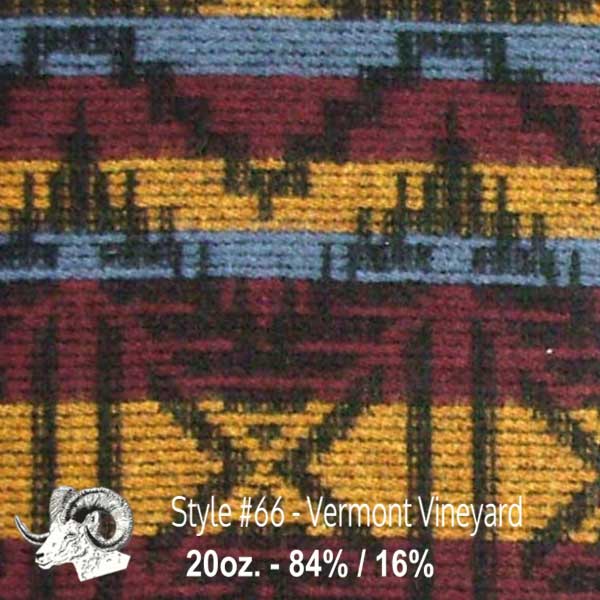 Johnson Woolen Mills swatch - blue, plum, gold, black print