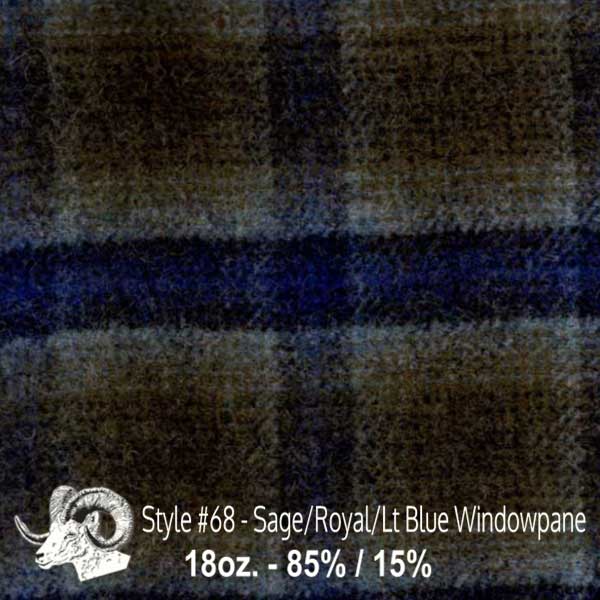 Johnson Woolen Mills swatch - sage, royal and light blue windowpane plaid